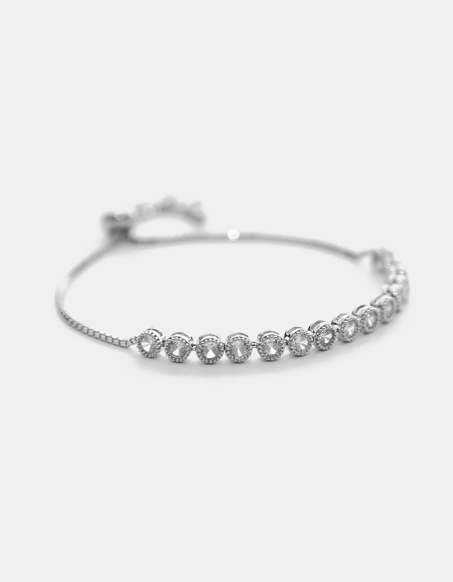 ⚡Ei Pulsera Ajustable en Plata .925 con Baño de Rodio y Topacios Blancos en Forma Circular