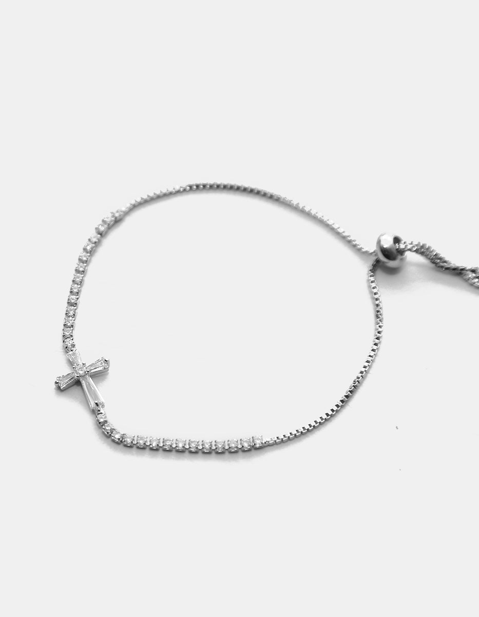 ⚡Ei Pulsera Ajustable en Plata .925 con Baño de Rodio, Dije de Cruz Mini y Topacios Blancos