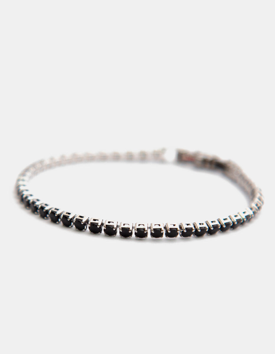 ⚡Ei Pulsera en Plata .925 con Baño de Rodio y Ágatas Negras Redondas de 3 mm