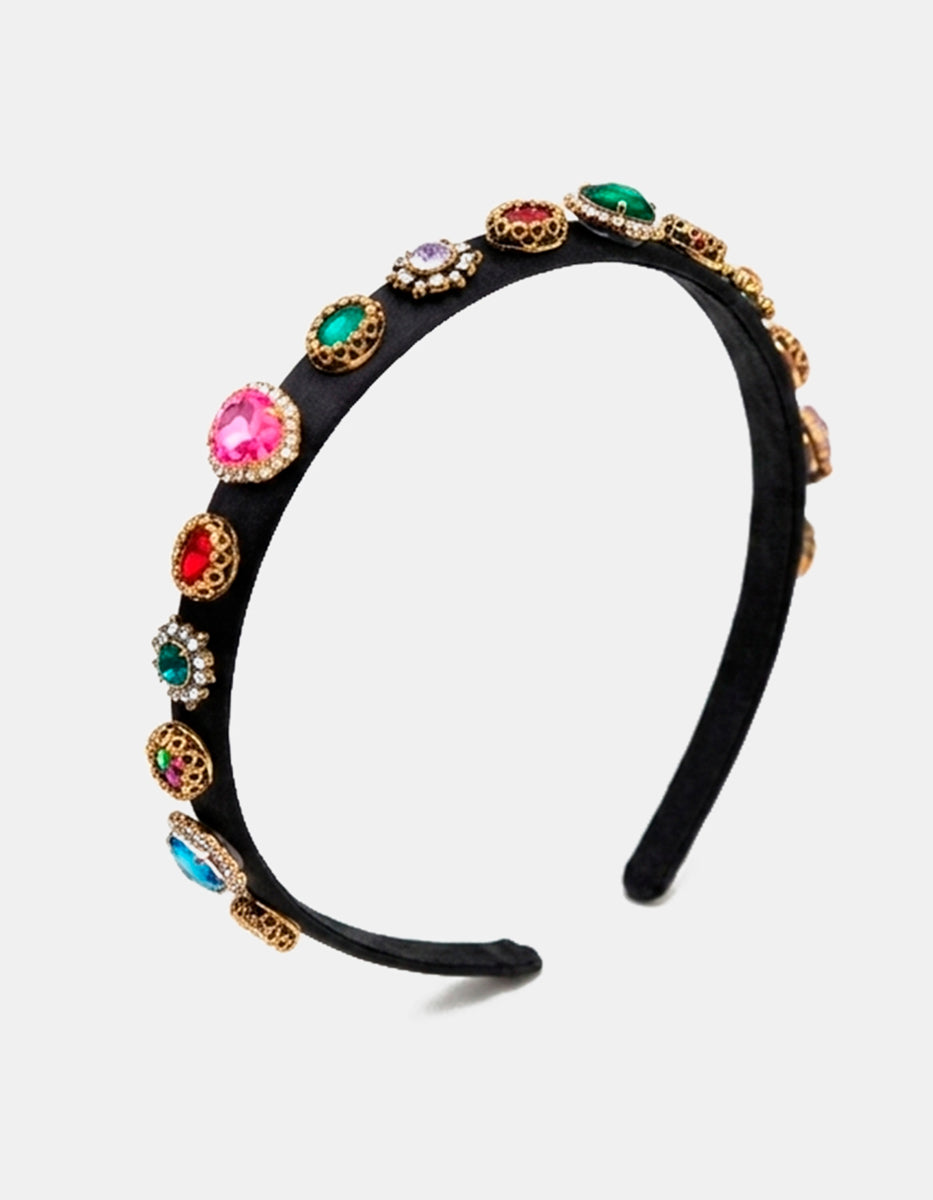 Diadema de terciopelo negro con gemas multicolor vintage