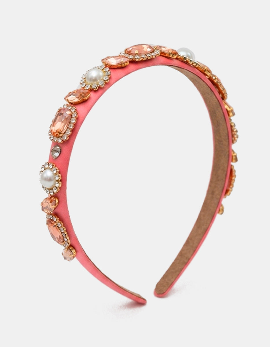 Diadema de terciopelo rosa con gemas durazno y perlas vintage