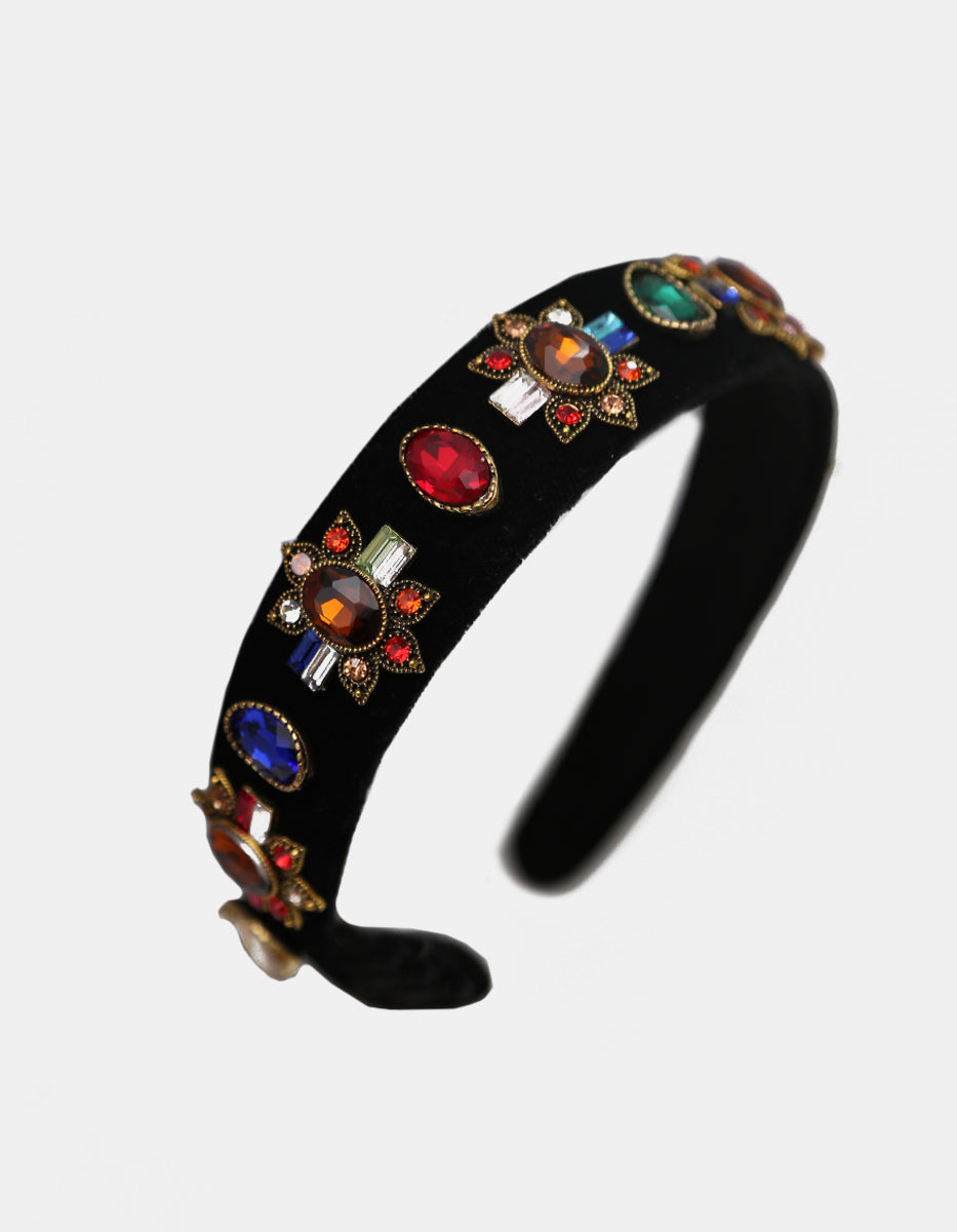 Diadema de terciopelo negro con gemas multicolor vintage