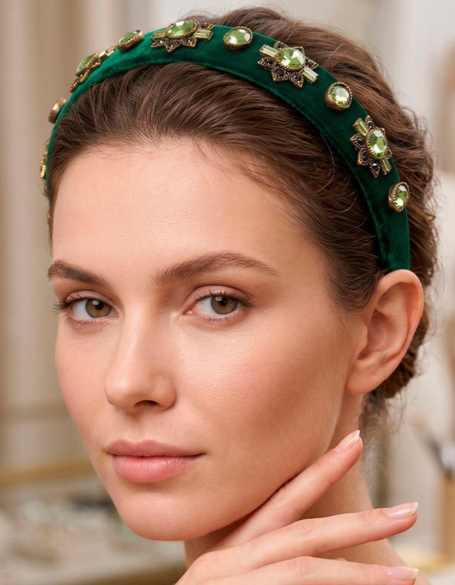 Diadema de terciopelo verde esmeralda con cristales facetados