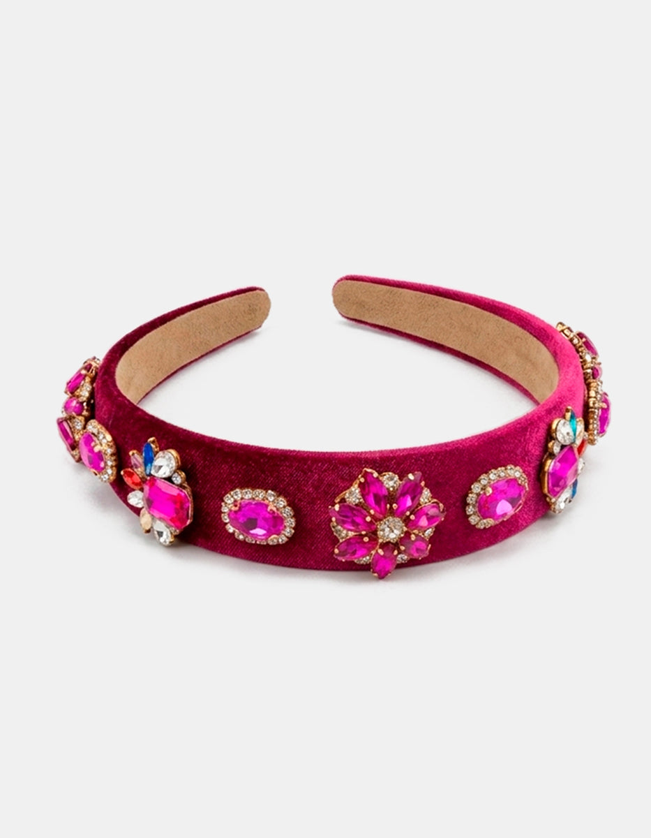 Diadema de terciopelo rosa con espinolita y cristales facetados