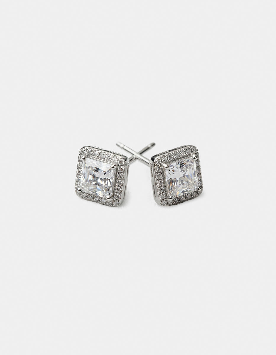 Broqueles de plata .925 con baño de platino en forma cuadrada y topacios blancos corte brillante Festive Style