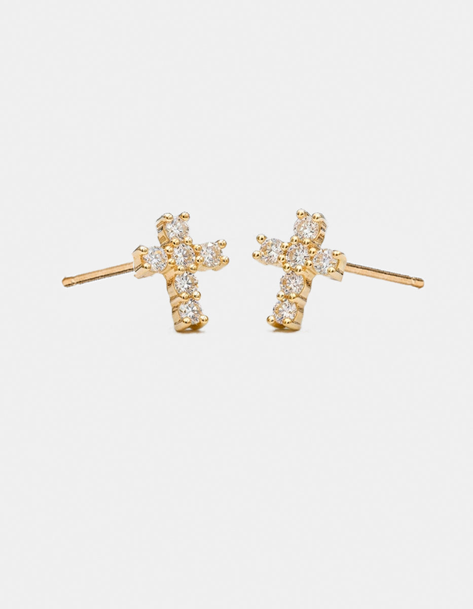 Broqueles de plata .925 con baño de oro 22k en forma de cruz y topacios blancos corte brillante Festive Style