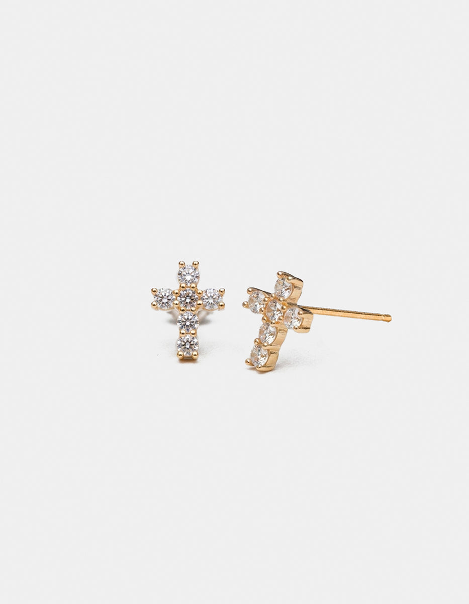 Broqueles de plata .925 con baño de oro 22k en forma de cruz y topacios blancos corte brillante Festive Style