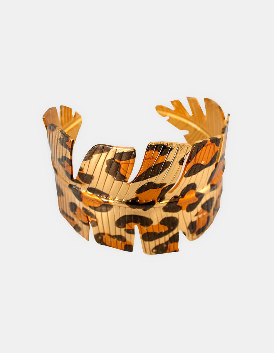 Brazalete de Oro Laminado en forma de Hoja Animal Print