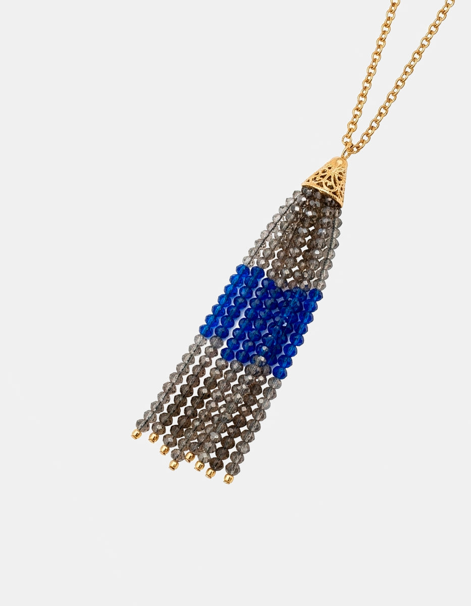 Collar de bronce en baño vermeil 22k con cristales facetados color azul y gris