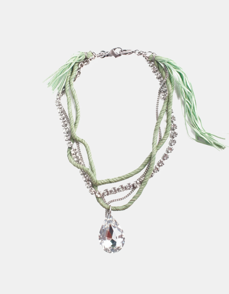 ⚡Ei Collar en Metal Base con Gamuza Turquesa y Dije Tipo Diamante con Cristales Swarovski Tíbet