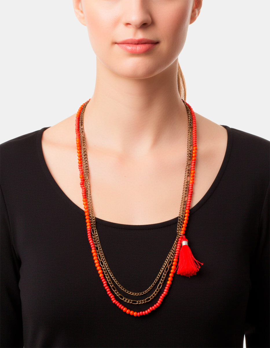 ⚡Ei Collar Daniel Espinosa Multicapa con Cuentas Rojas y Cadena de Oro 22K – Metal Noble con Pompón