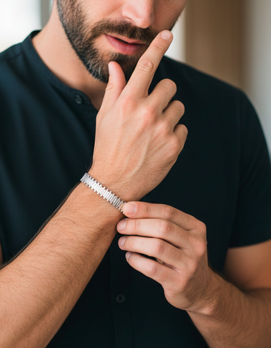 Pulsera ovalada acero baño platino con barras alternadas Nordic