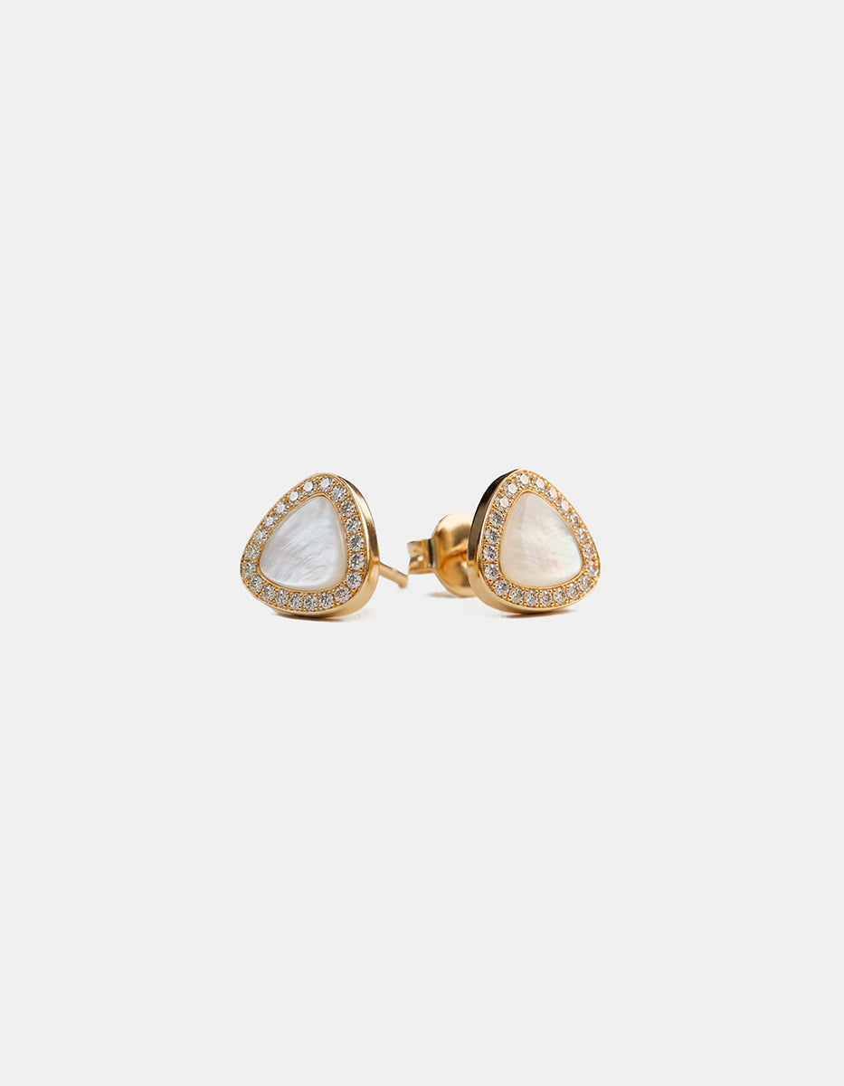 Broqueles de plata .925 con baño de oro 22k en forma de triángulo con madre perla y topacios blancos corte brillante Festive Style