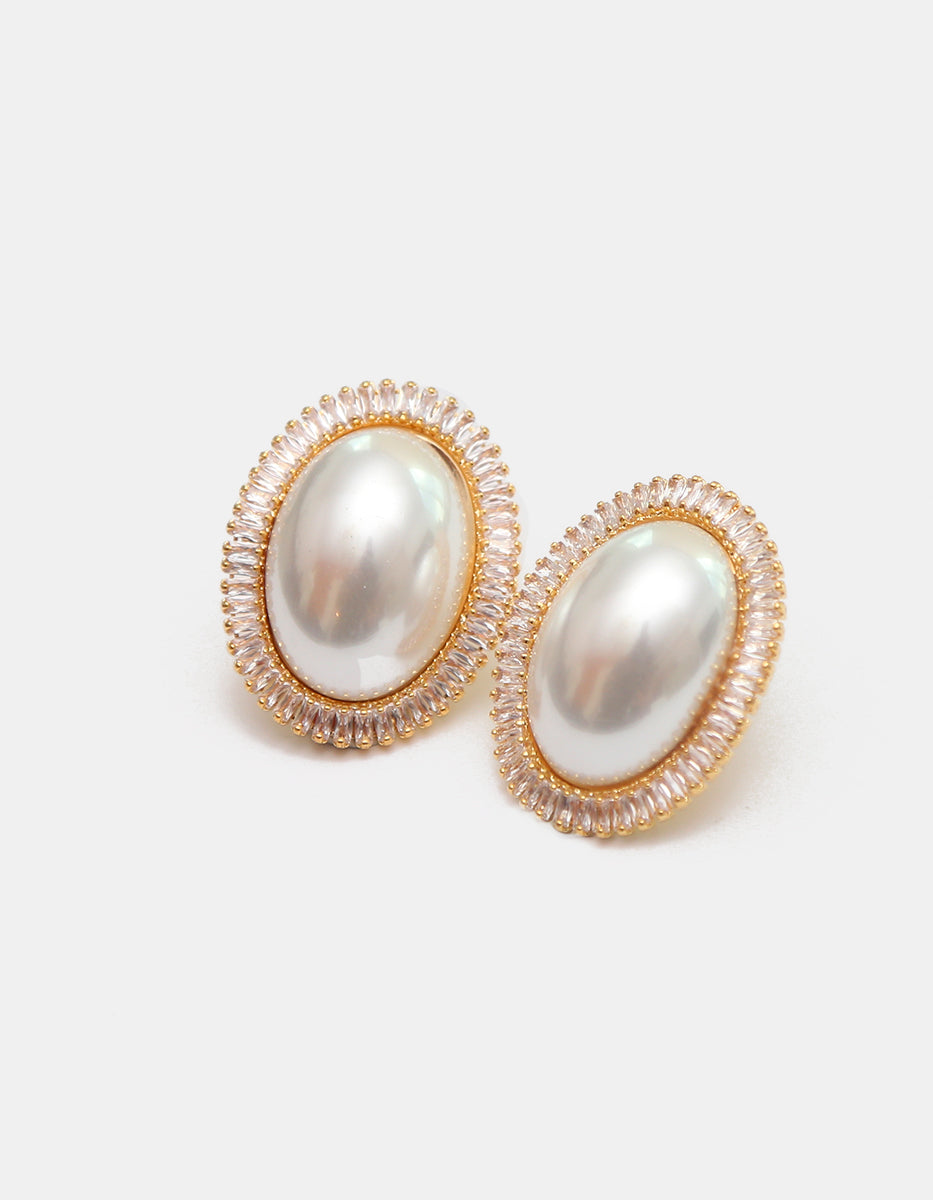 Aretes Grandes Ovalados en Baño de Oro de 22kt con Perla Mabe y Halo de Topacios blancos Festive Style