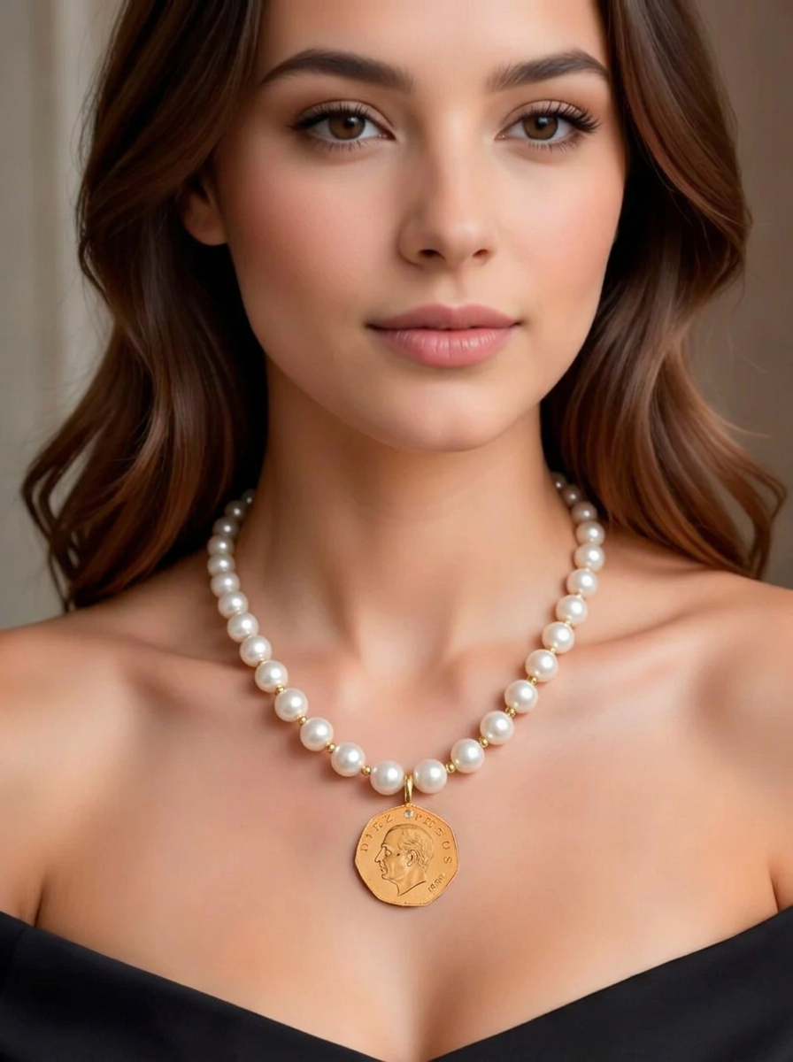 Collar con perla Mabe intercalada & moneda baño oro 22kt Memorias