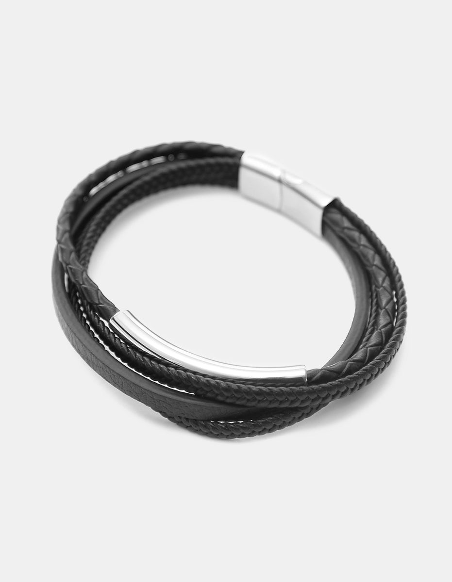 Pulsera multistrand de piel italiana con barra de acero Nordic