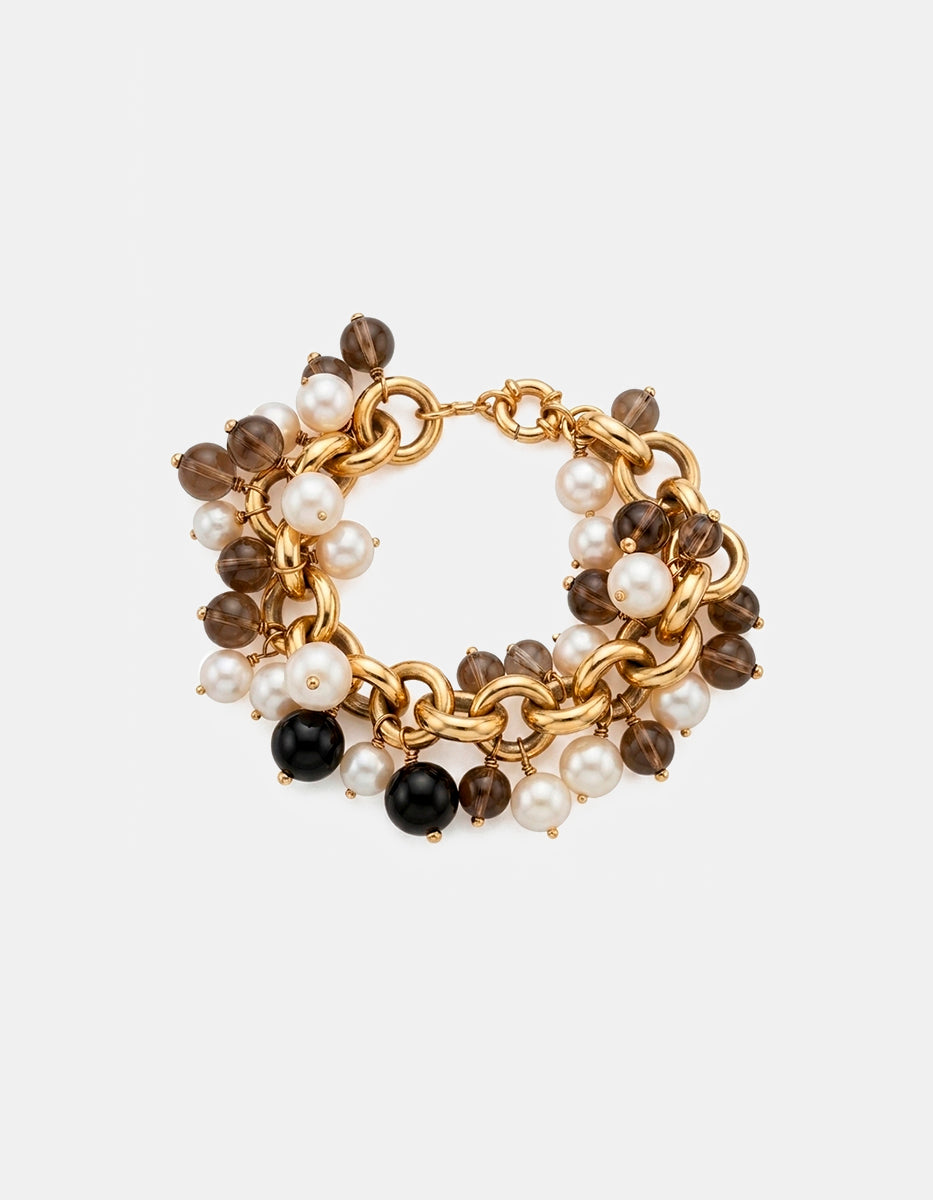 Pulsera de bronce en baño vermeil 22k con perlas, cuarzo ahumado y ónix