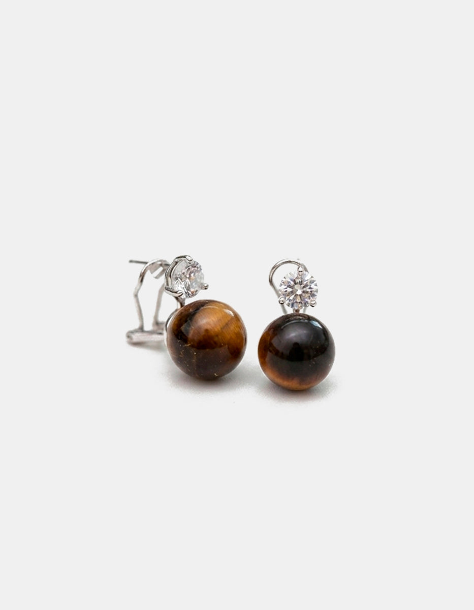 Aretes de bronce en baño de rodio con topacio blanco y ojo de tigre Festive Style