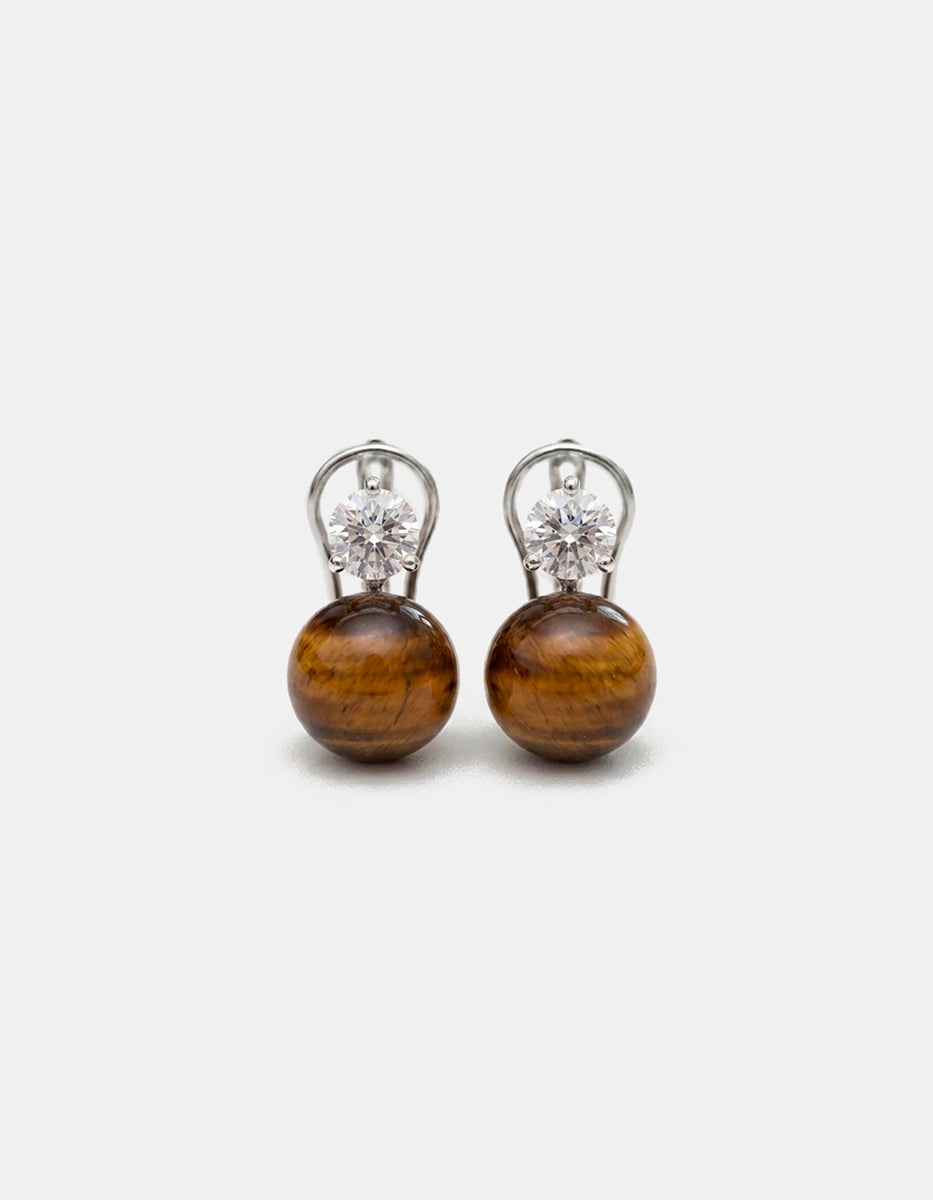 Aretes de bronce en baño de rodio con topacio blanco y ojo de tigre Festive Style