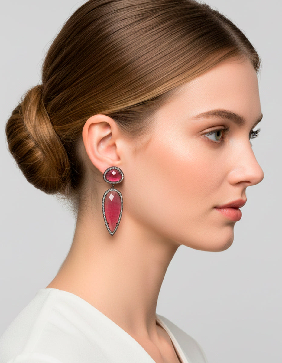 ⚡Ei Aretes en Bronce con Baño de Rutenio Óvalo Picudos con Piedra Ágata en Tono Rosa y Espinolita Blanca Marquesa