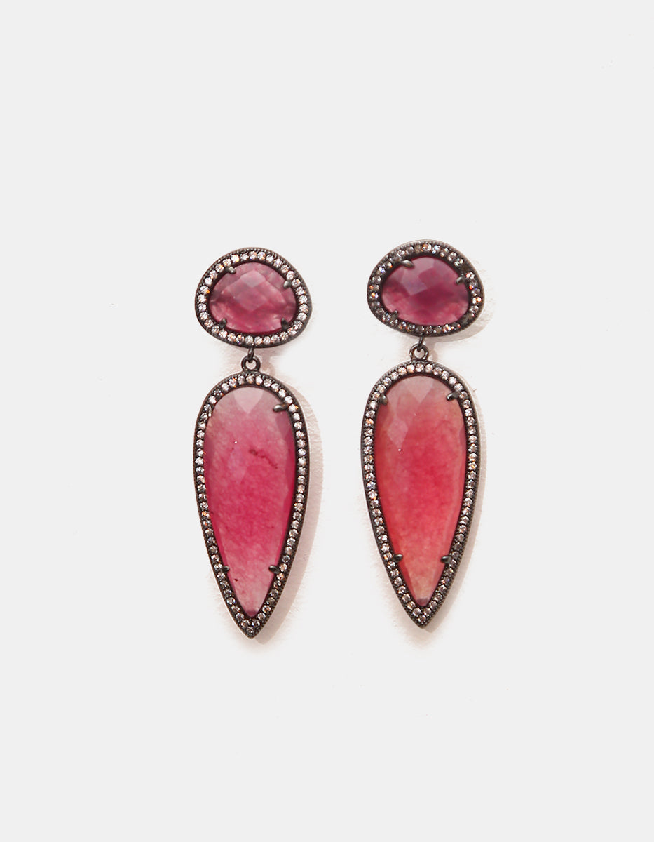 ⚡Ei Aretes en Bronce con Baño de Rutenio Óvalo Picudos con Piedra Ágata en Tono Rosa y Espinolita Blanca Marquesa