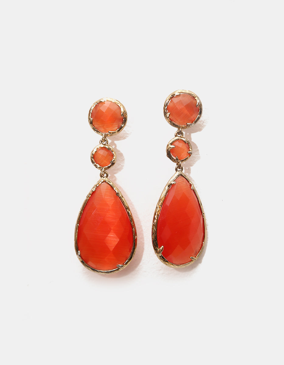⚡Ei Aretes en Bronce con Baño de Oro 22 kt Triple con Piedra Ojo de Gato en Tono Naranja Marquesa