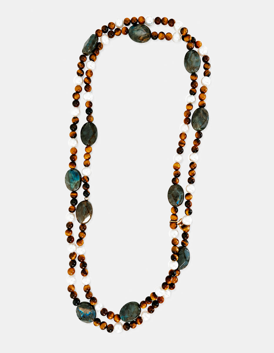 Collar de bronce baño vermeil 22k labrado con perlas, ojo de tigre y labradorita