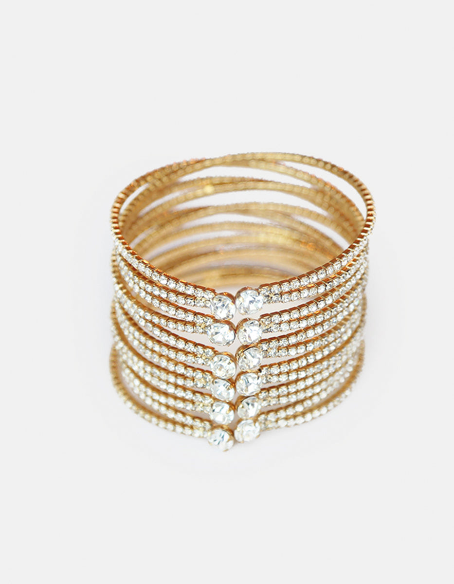 Brazalete de bronce con baño dorado de 12 líneas con topacios blancos Festive Style