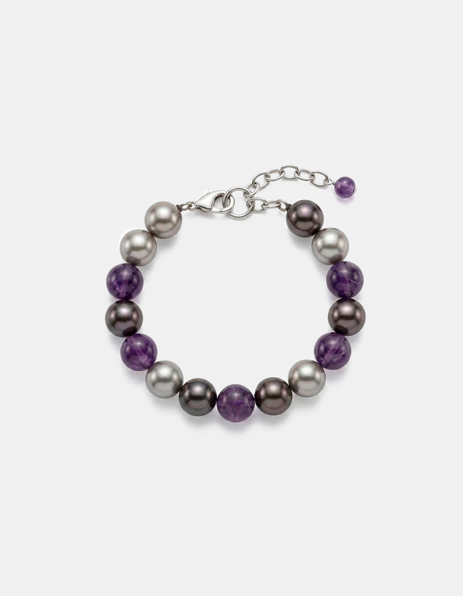 Pulsera de metal base con baño rodinado, amatista y hematita