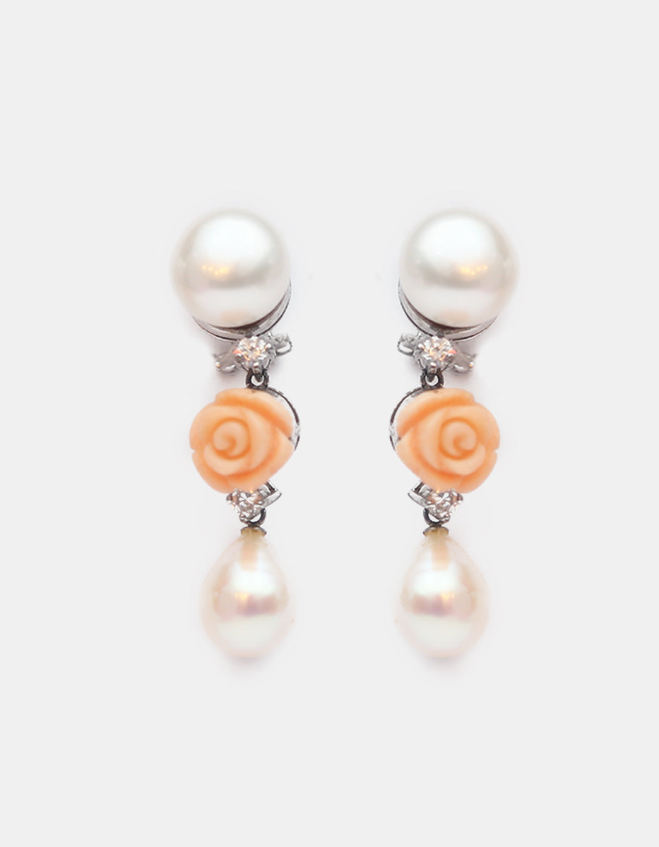Aretes de plata .925 perla japonesa, topacios blancos corte brillante y rosa de baquelita Marquesa