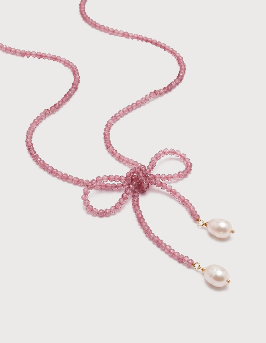 Collar de Microcristales Rosa con Moño y Perlas Barrocas