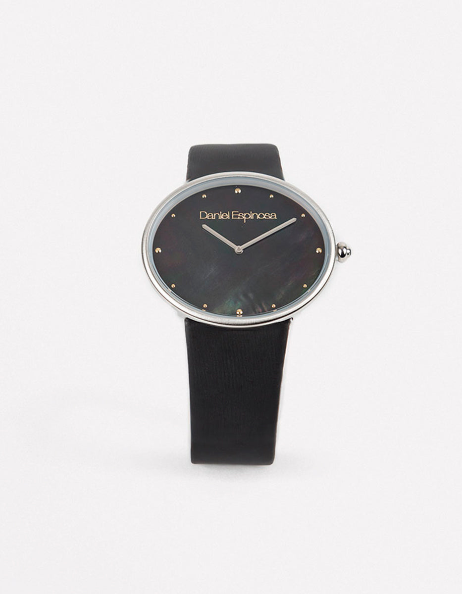 Reloj en Acero Inoxidable Negro con Bisel Plateado Hollywood