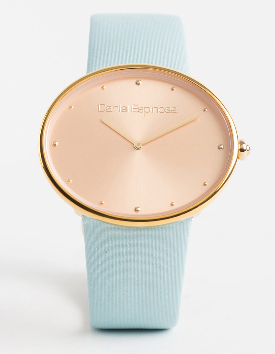 Reloj en Acero Inoxidable con Correa Azul Cielo y Bisel Dorado Hollywood