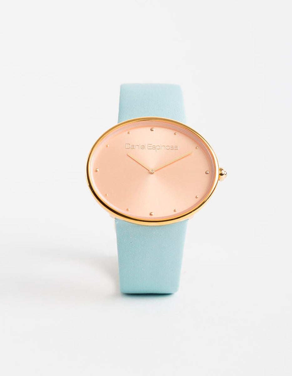 Reloj en Acero Inoxidable con Correa Azul Cielo y Bisel Dorado Hollywood