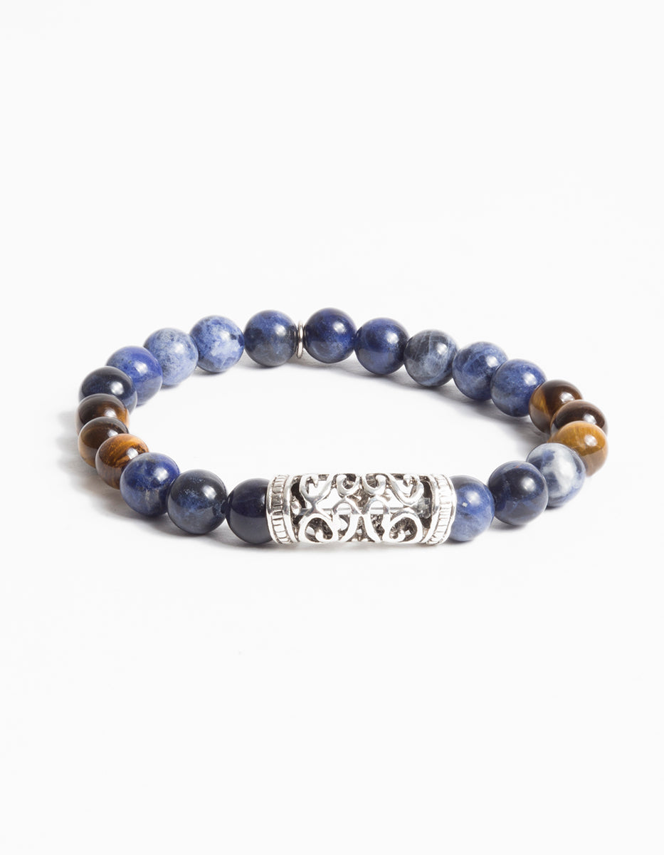 Pulsera de bronce en baño de rodio con ojo de tigre café y azul Nordic