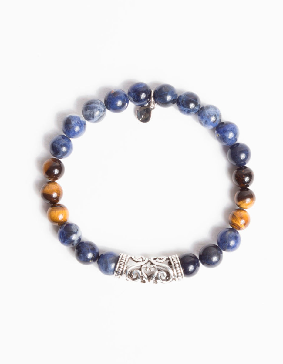 Pulsera de bronce en baño de rodio con ojo de tigre café y azul Nordic