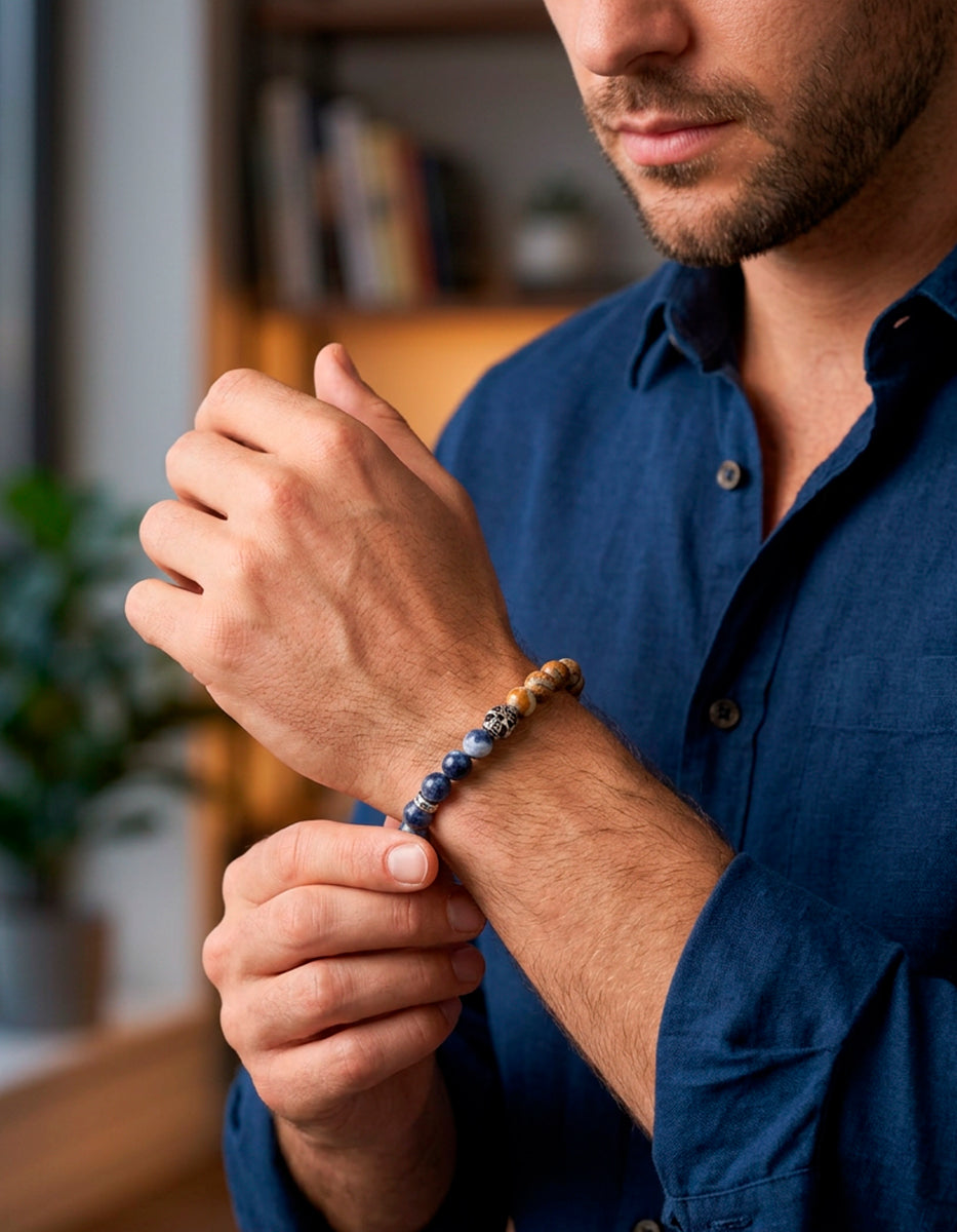 Pulsera de bronce en baño de rodio con aventurina azul y naranja