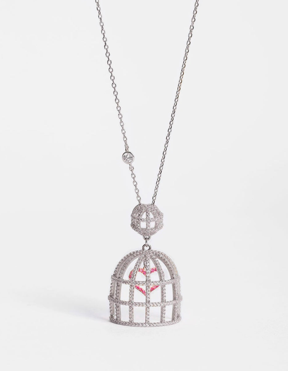 Collar plata .925 baño de rodio jaula corazón