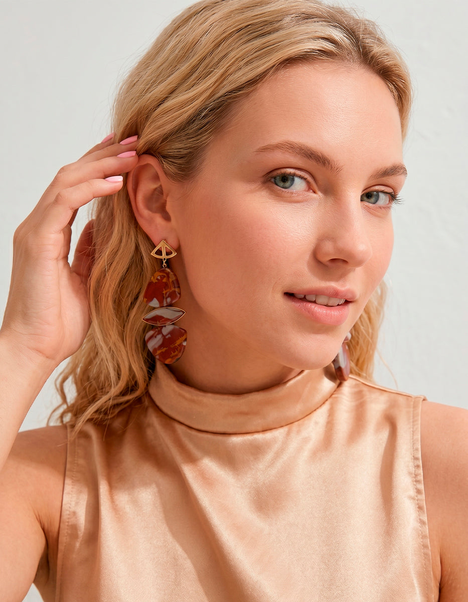 Aretes de bronce baño oro 22k con jaspe rojo y jaspe gris