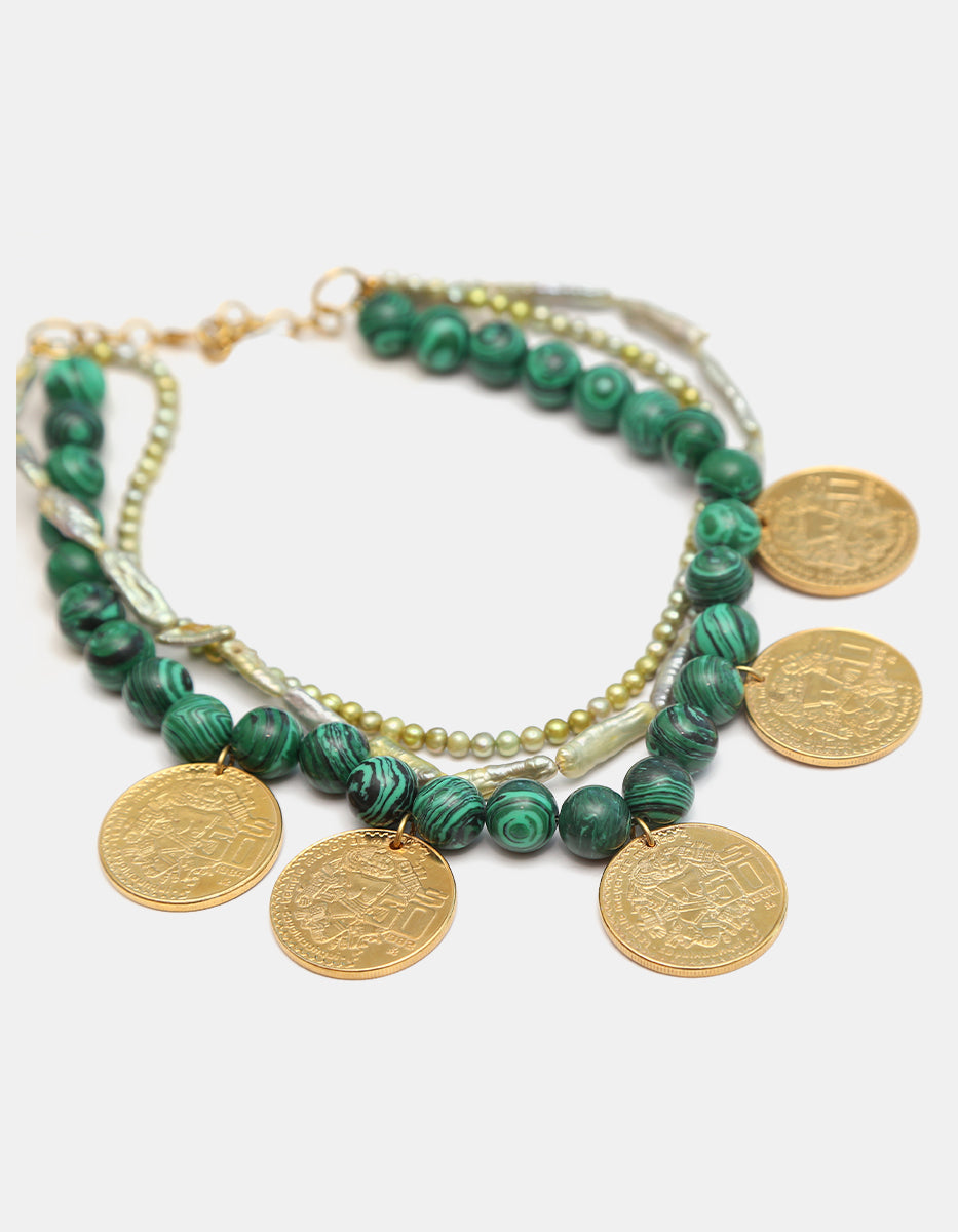 Collar 3 hilos malaquita & perlas tono verde 6 monedas auténticas Memorias