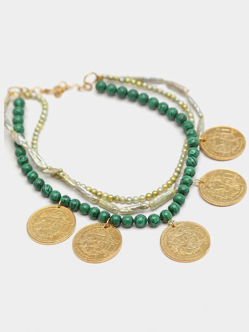 Collar 3 hilos malaquita de 8mm & perlas tono verde 6 monedas auténticas Memorias
