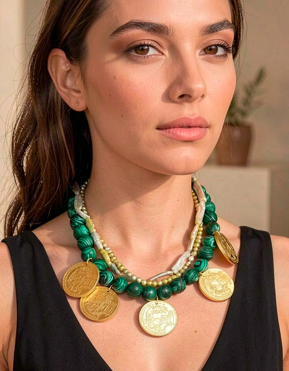 Collar 3 hilos malaquita & perlas tono verde 6 monedas auténticas Memorias