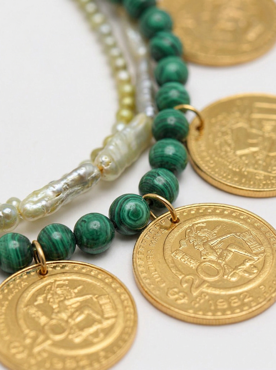 Collar 3 hilos malaquita de 8mm & perlas tono verde 6 monedas auténticas Memorias