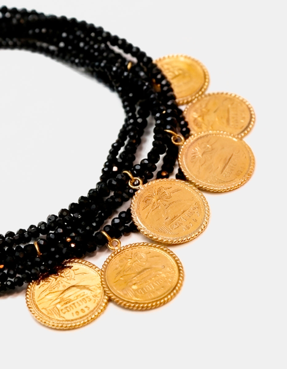 Collar 7 hilos cristal austriaco negro con 6 monedas auténticas Memorias