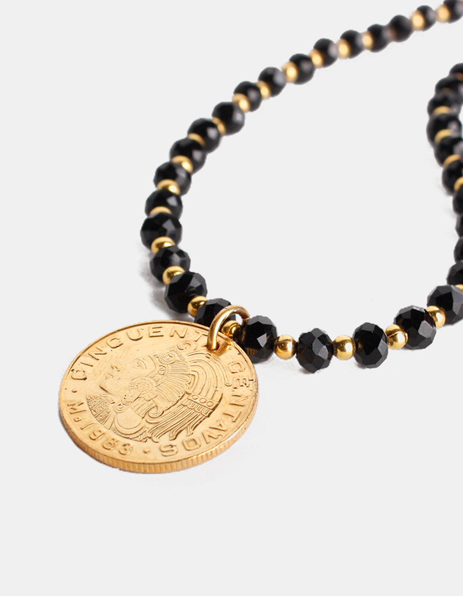 Collar ágatas negras facetadas & moneda auténtica Memorias