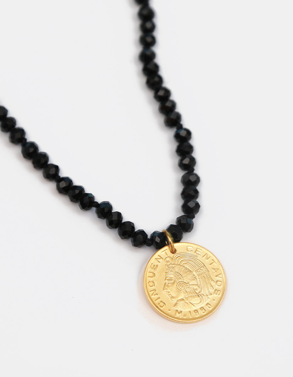Collar cristal austriacos negro & moneda auténtica Memorias