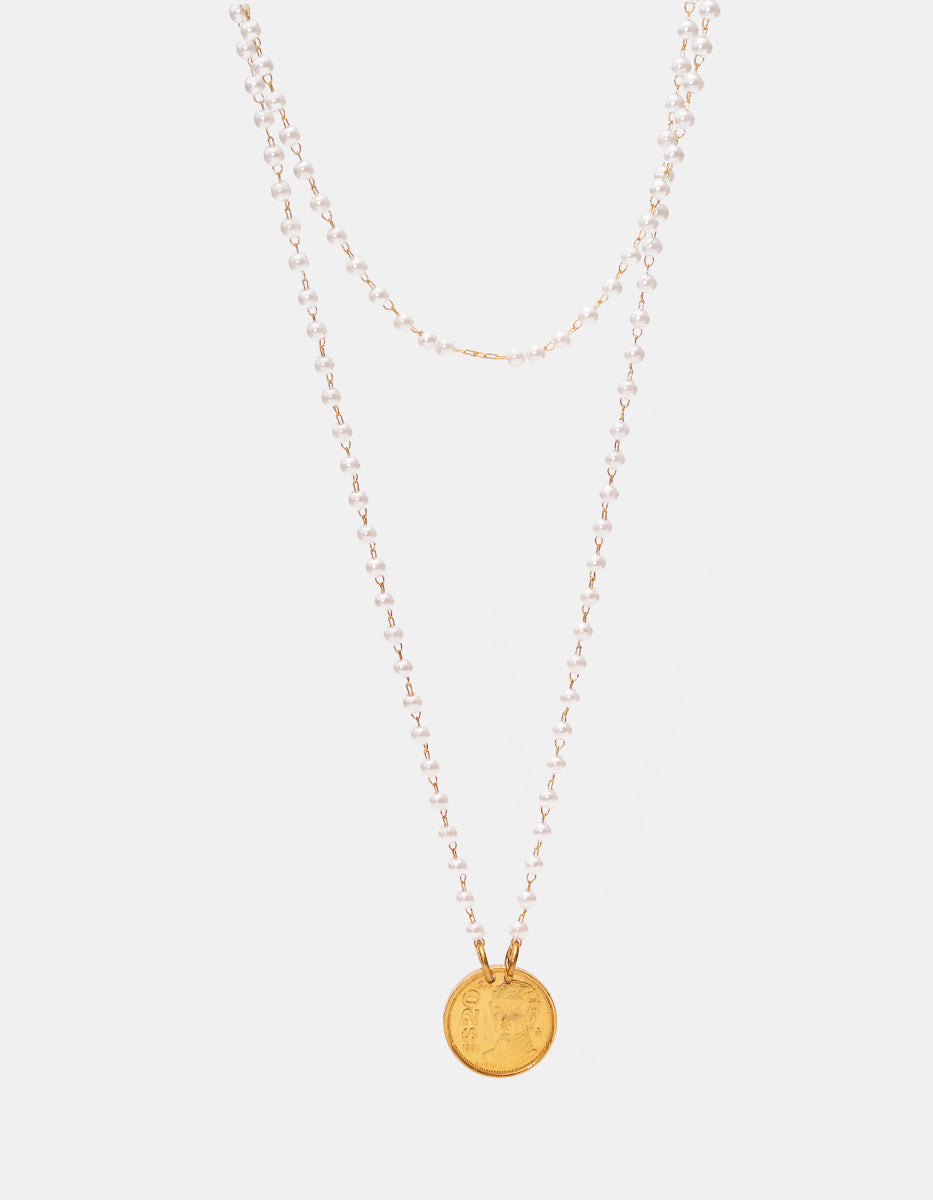 Collar perla mabe engarzada en metal noble & moneda auténtica Memorias