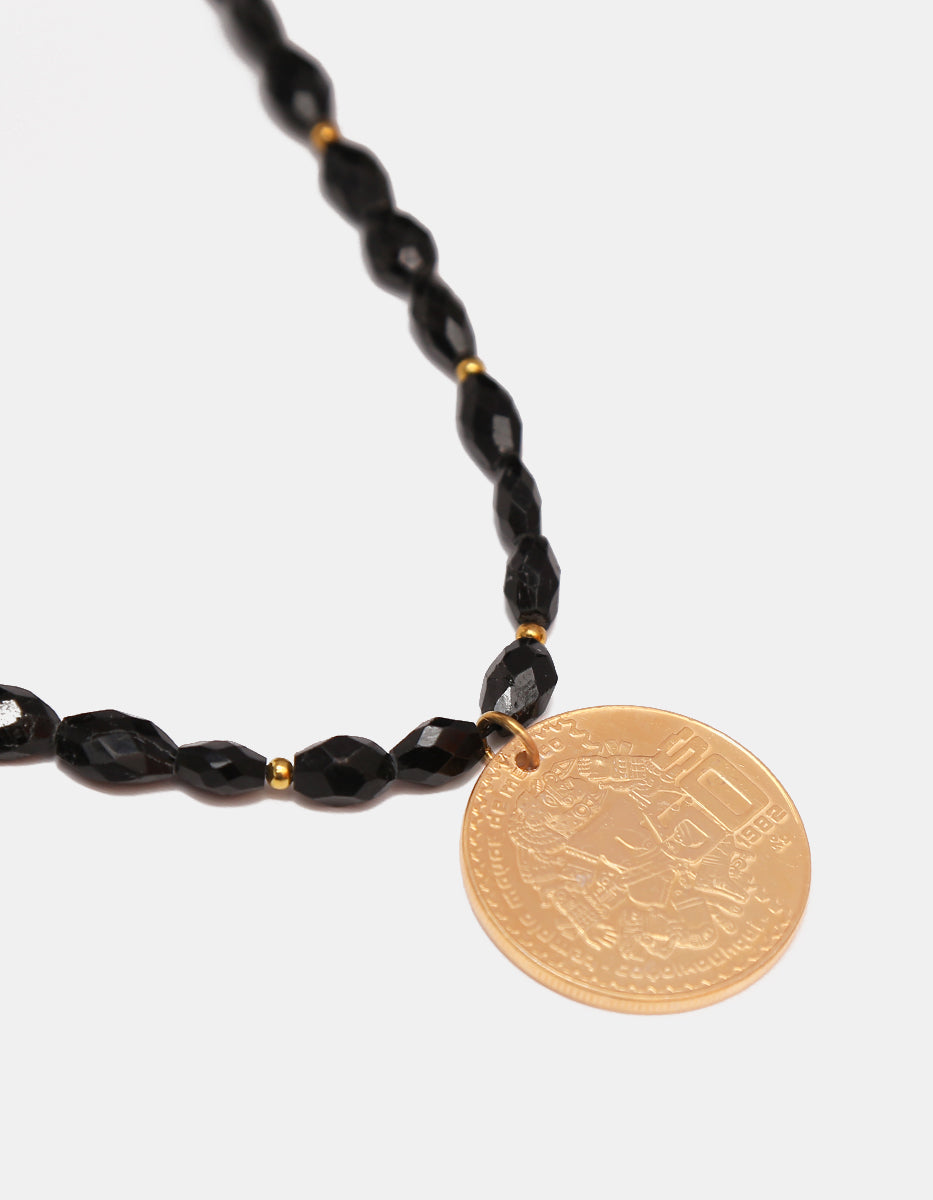Collar un hilo ágatas negras & dije de moneda auténtica Memorias