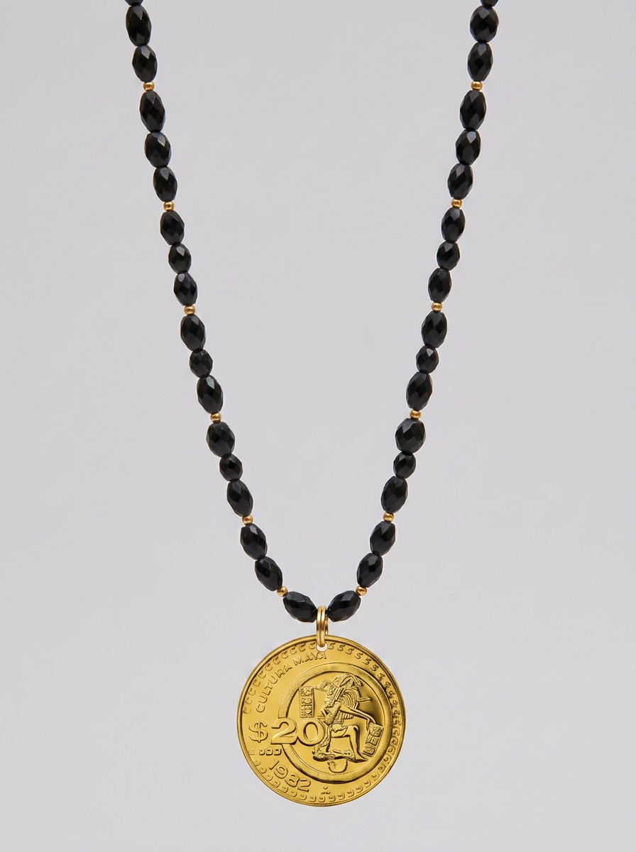 Collar un hilo ágatas negras & dije de moneda auténtica Memorias