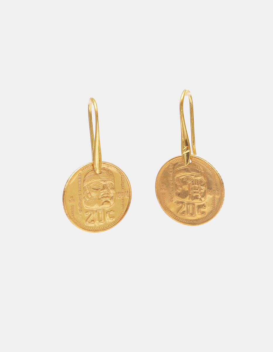 Aretes con moneda vintage olmeca baño oro 22kt Memorias